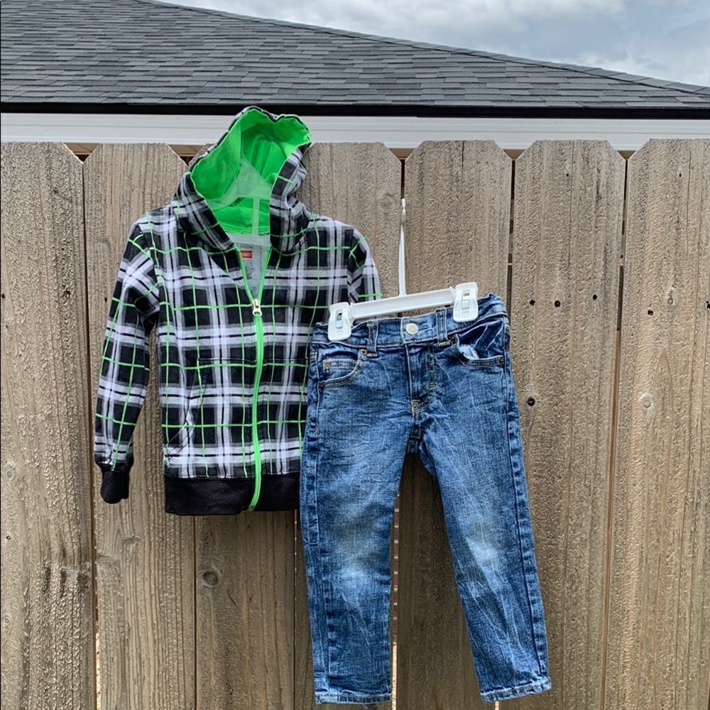 Take 50% OFF- Plaid Hoodie and Blue Jeans Set Boys, Size-3T